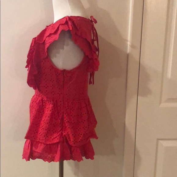 Ruffled Eyelet Top Red V Neck Blouse - Picture 4 of 6